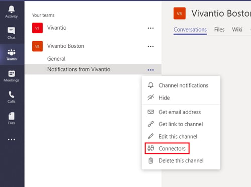 MS Teams Vivantio connectors detail