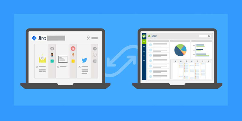 side by side stylized laptops with jira ui on left and vivantio ui on right