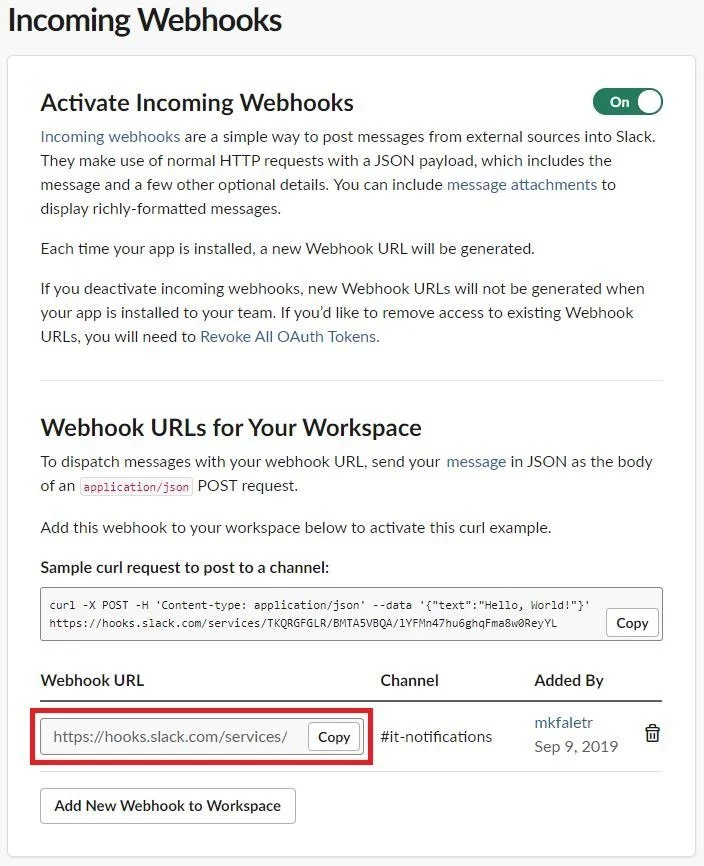 Screenshot of sample webhook url